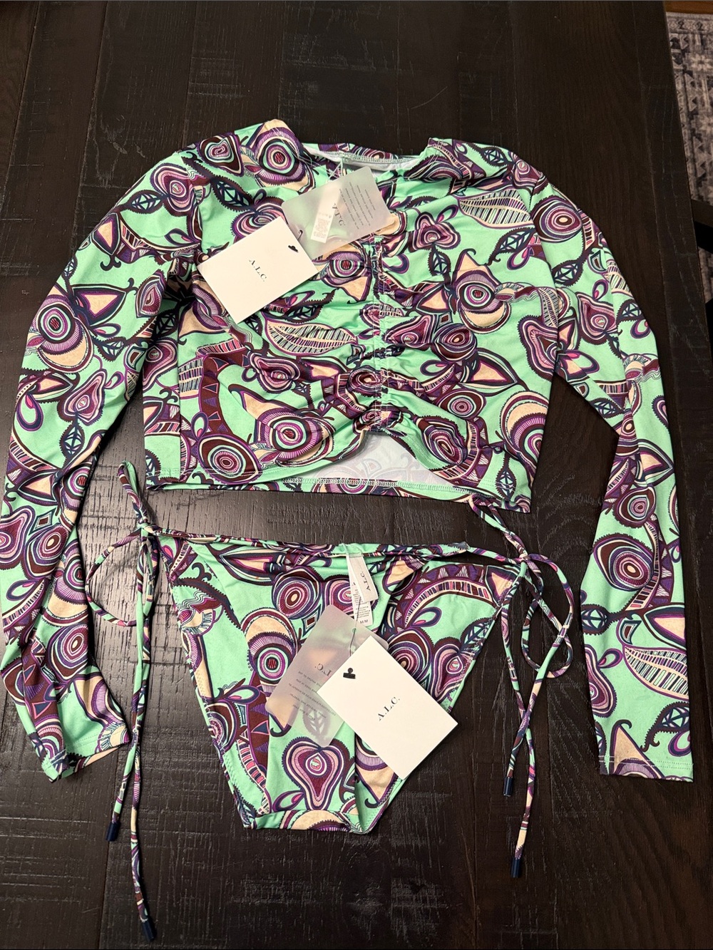 A.L.C. Ruched Long Sleeve Bikini Set in Mint & Purple